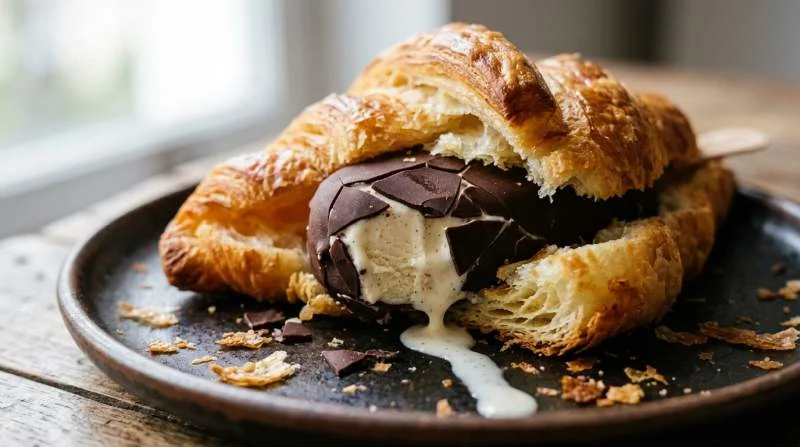 Croissant caldo con gelato alla vaniglia e guscio di cioccolato spezzato che inizia a sciogliersi