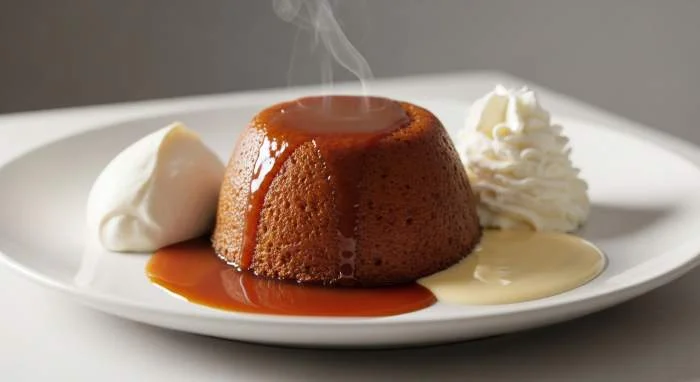 Malva pudding servito con panna montata e crema inglese