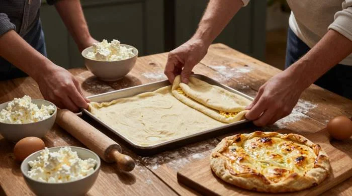 Mani che sovrappongono sfoglie sottili con formaggio fresco per preparare gibanica