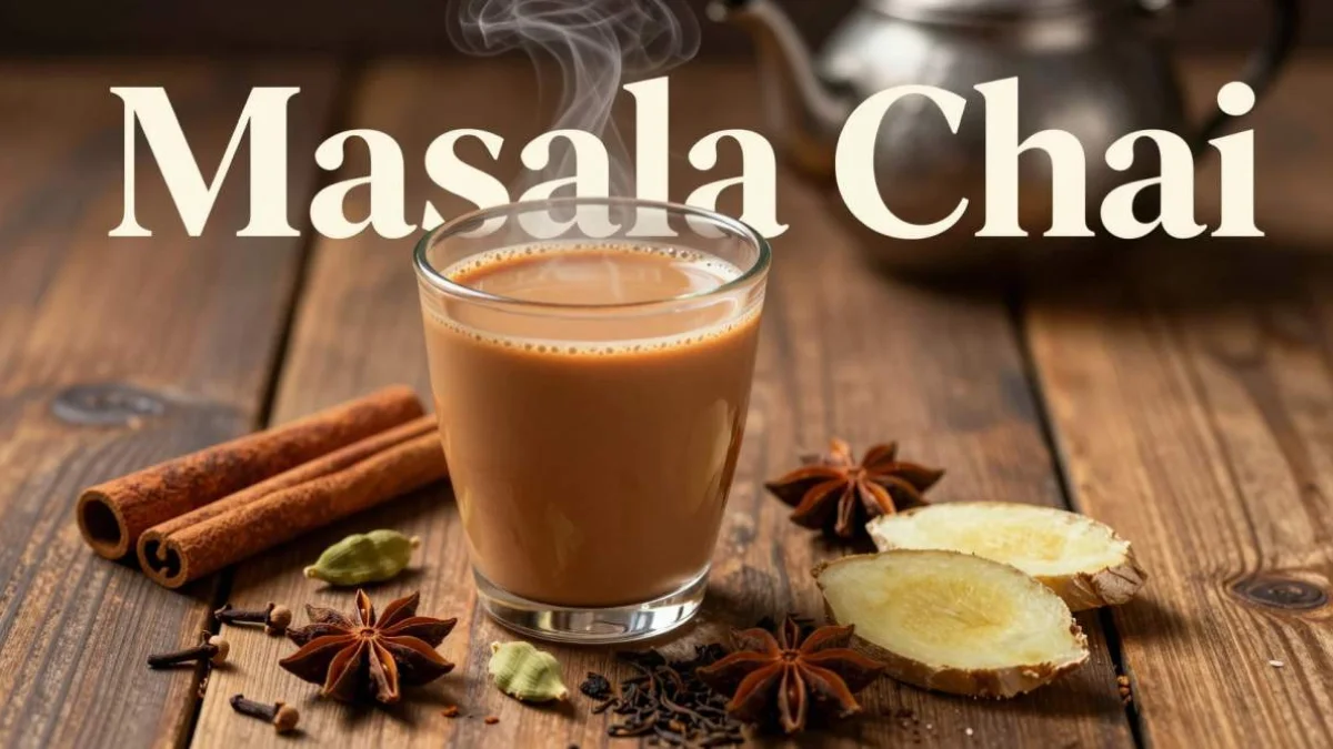 Masala chai indiano preparato con latte caldo e spezie aromatiche tradizionali
