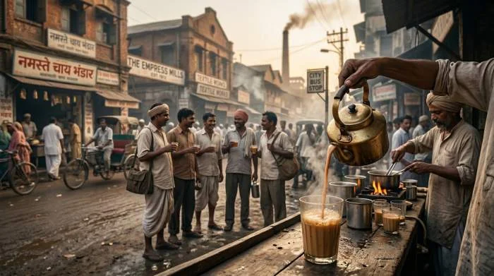 Masala chai condiviso da operai durante una pausa sociale negli anni Trenta