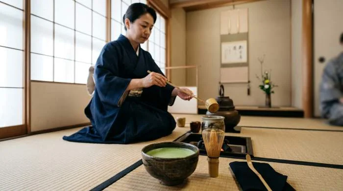 Preparazione del matcha con frustino chasen e ciotola chawan durante cerimonia chanoyu zen