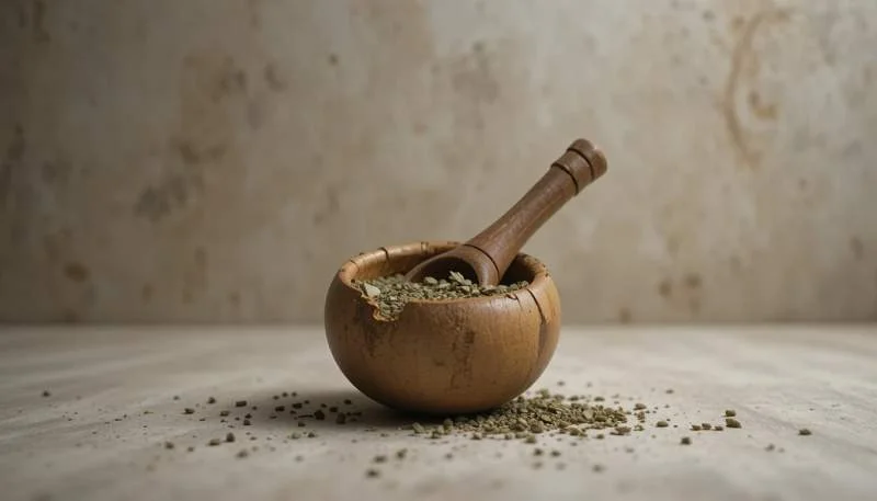 Erba mate essiccata sistemata in una zucca con bombilla sullo sfondo
