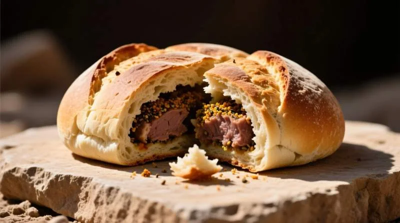 Preparazione della medfouna, pane del deserto con ripieno tradizionale su tavola marocchina