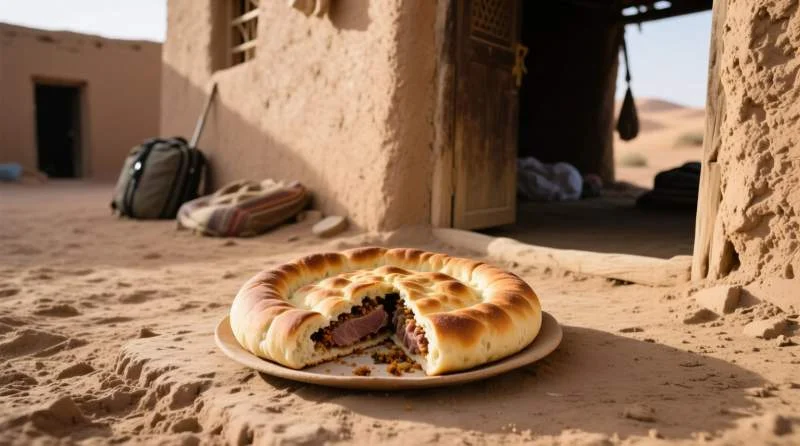 Medfouna tradizionale tagliata a spicchi su un piatto, con sfondo di paesaggio desertico e oasi