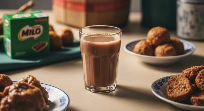 Tazza di Milo fumante su sfondo neutro con polvere di cacao sparsa