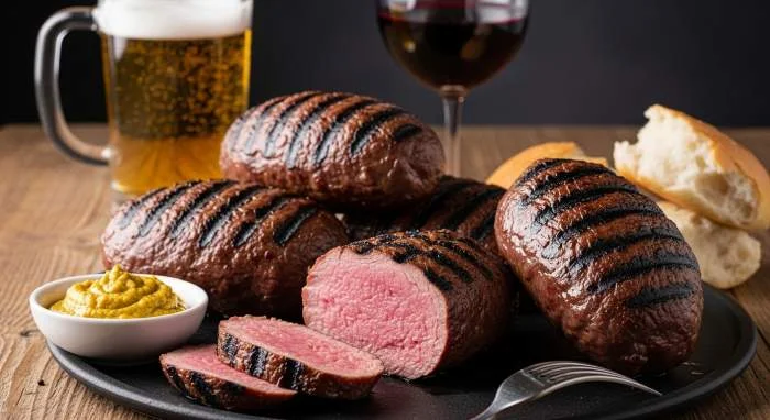 Mititei grigliati con segni della griglia e interno rosato