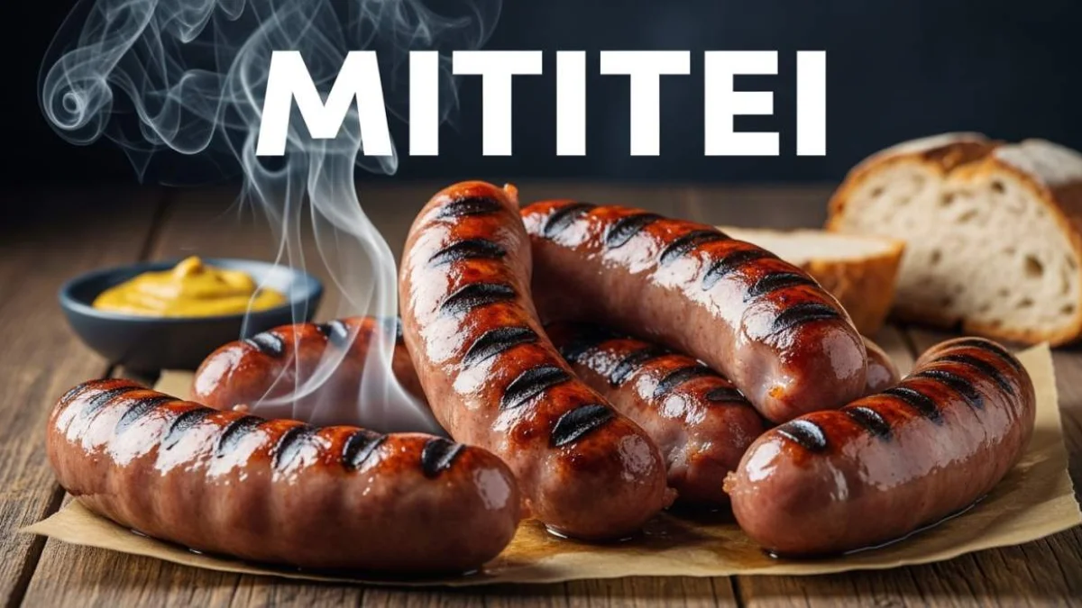 Mititei rumeni appena grigliati serviti con senape e pane rustico