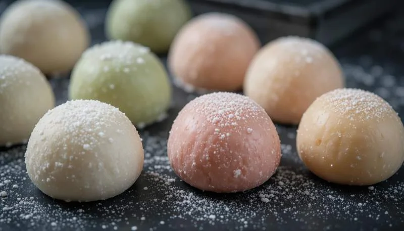 Mochi colorati disposti su vassoio di legno con presentazione minimalista giapponese