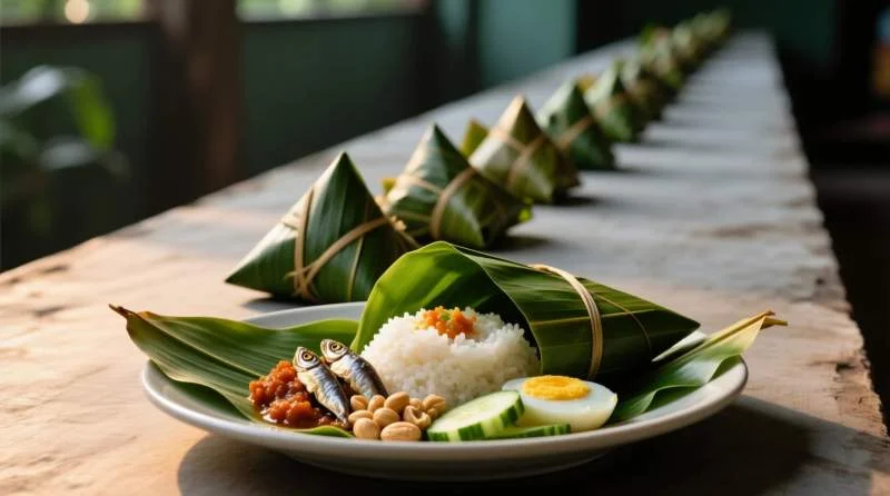 Nasi lemak servito su foglia di banana con sambal, acciughe e uovo sodo