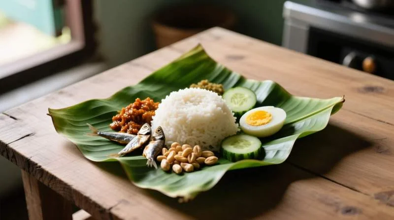 Nasi lemak avvolto in foglia di banana, piatto popolare della cucina di strada malese