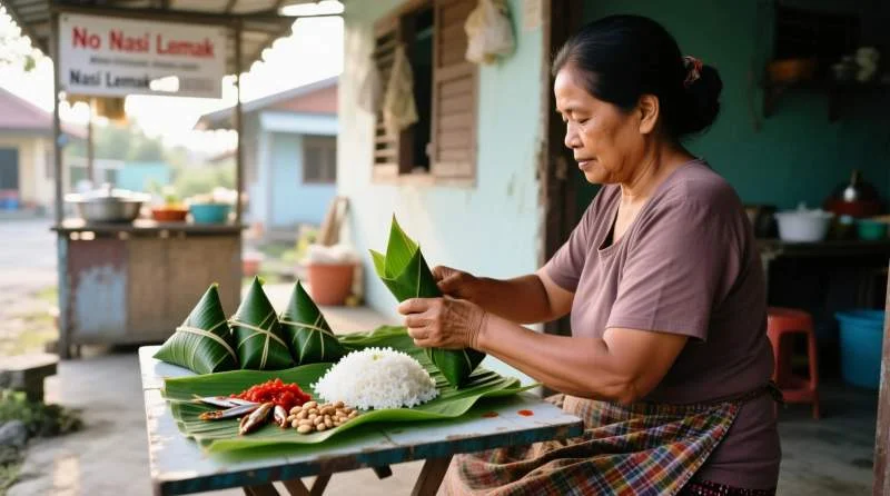 Nasi lemak in foglia di banana, venduto per strada nei mercati di Kuala Lumpur