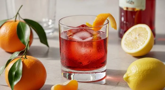 Negroni decorato con agrumi siciliani e scorza d’arancia