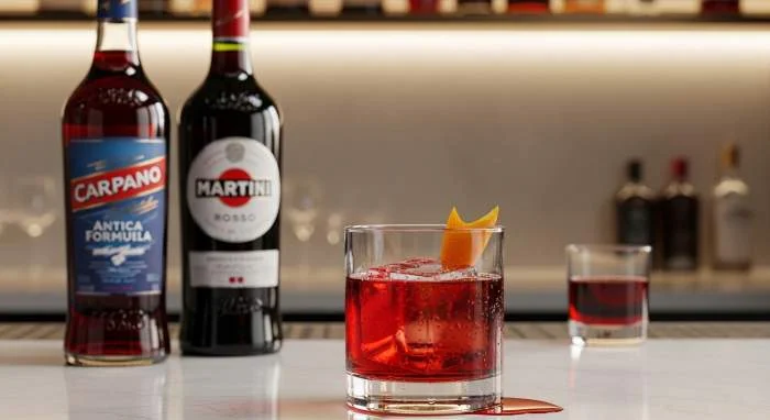 Negroni con bottiglie di vermouth sullo sfondo sfocato