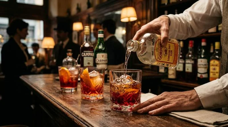 Preparazione del Negroni con gin Campari e vermut in un bar italiano con atmosfera storica