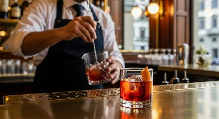 Bartender prepara un Negroni in un storico caffè fiorentino