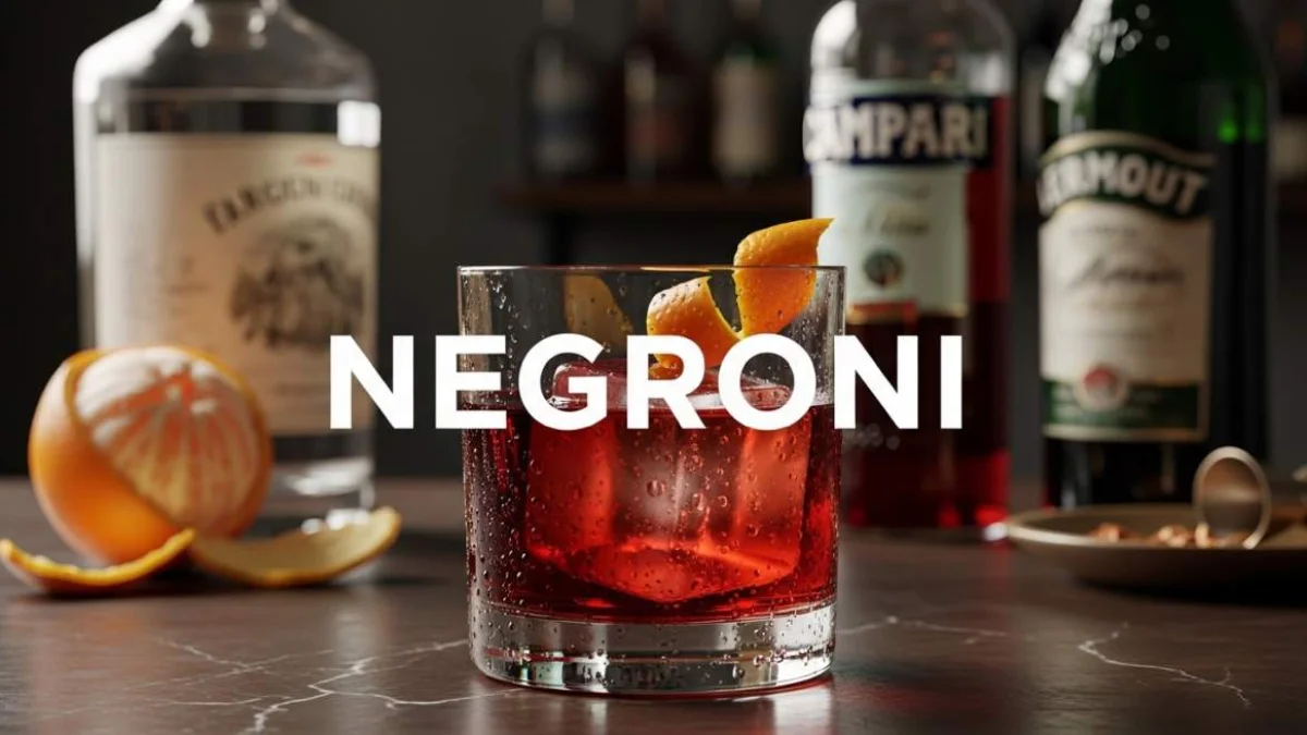 Cocktail Negroni rosso servito con ghiaccio e fetta d’arancia in un bicchiere elegante