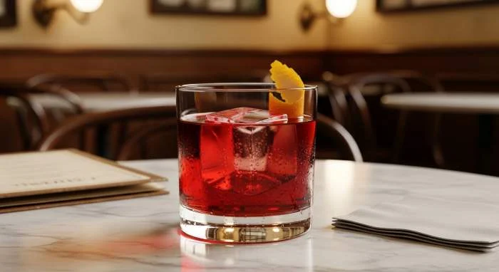Negroni servito su tavolo di marmo in un caffè storico italiano