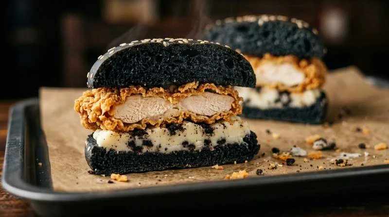 Sezione del burger di pollo con panino nero, panatura dorata e purè di patate cremoso con scaglie di cacao