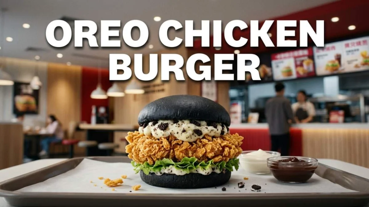 Burger di pollo fritto con biscotti Oreo sbriciolati e salsa cremosa ispirato alla versione proposta da KFC in Cina