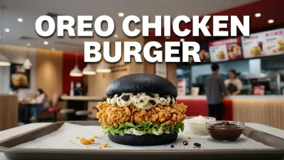 Burger di pollo fritto con biscotti Oreo sbriciolati e salsa cremosa ispirato alla versione proposta da KFC in Cina