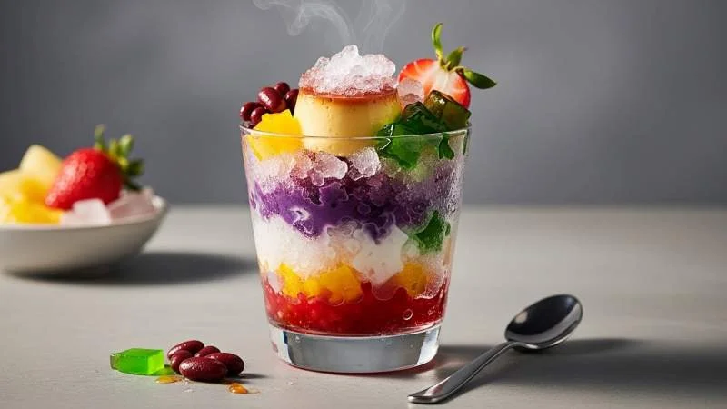 Halo-halo filippino con influenze giapponesi e ingredienti colorati