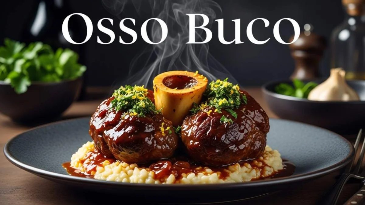Osso buco milanese brasato con midollo visibile e salsa ricca tradizionale