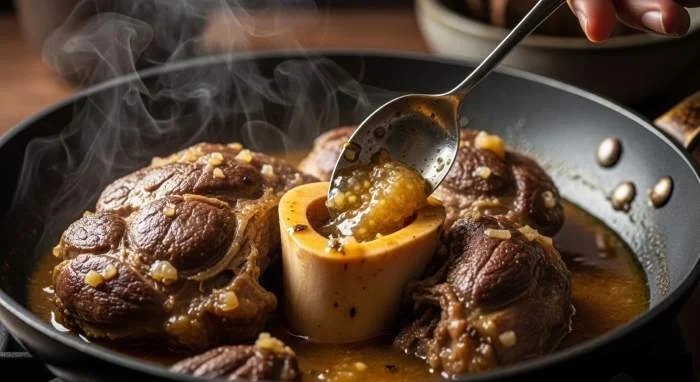 Dettaglio del midollo nell’osso buco cotto lentamente