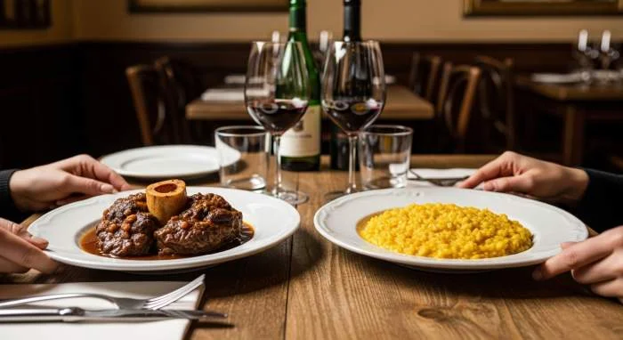 Osso buco servito con risotto allo zafferano alla milanese