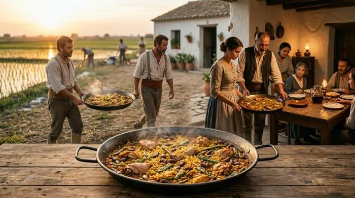 Paella valenciana condivisa in famiglia nelle campagne del XIX secolo