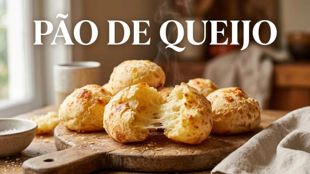 Pão de queijo brasiliano appena sfornato con crosta dorata e interno morbido elastico e ricco di formaggio