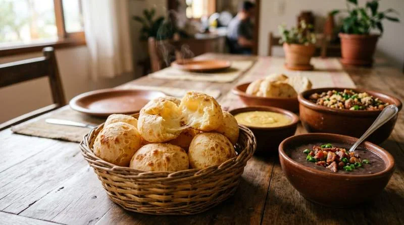Pão de queijo brasiliano servito con feijão tropeiro angu e tutu à mineira in una tavola tradizionale
