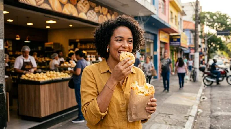 Pão de queijo appena sfornato mangiato davanti a una panetteria durante la vita quotidiana di una città brasiliana