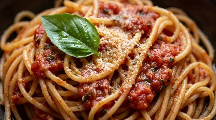 Pasta al pomodoro italiana servita in primo piano con salsa ricca