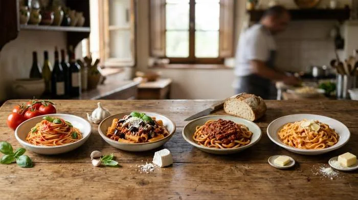 Diverse varianti regionali italiane di pasta al pomodoro a confronto
