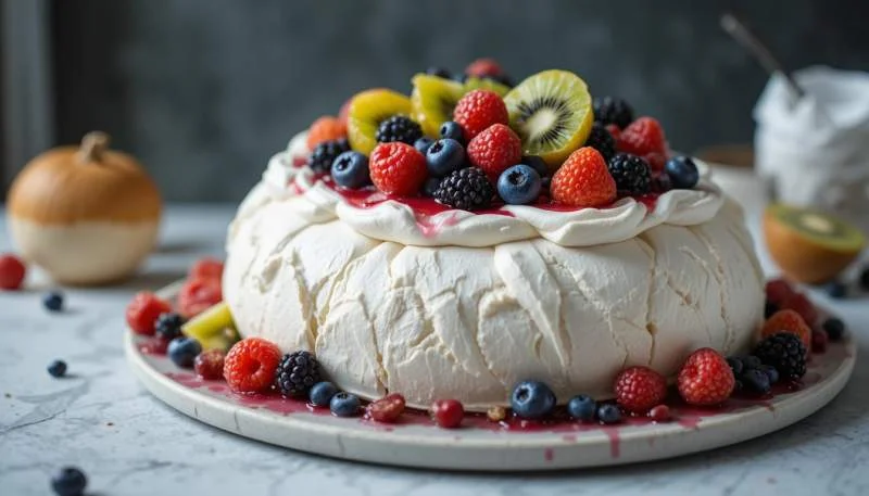 Pavlova leggera derivata dalla meringa europea con panna montata e frutta