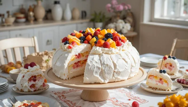 Pavlova moderna con panna montata e frutta fresca servita su tavola apparecchiata