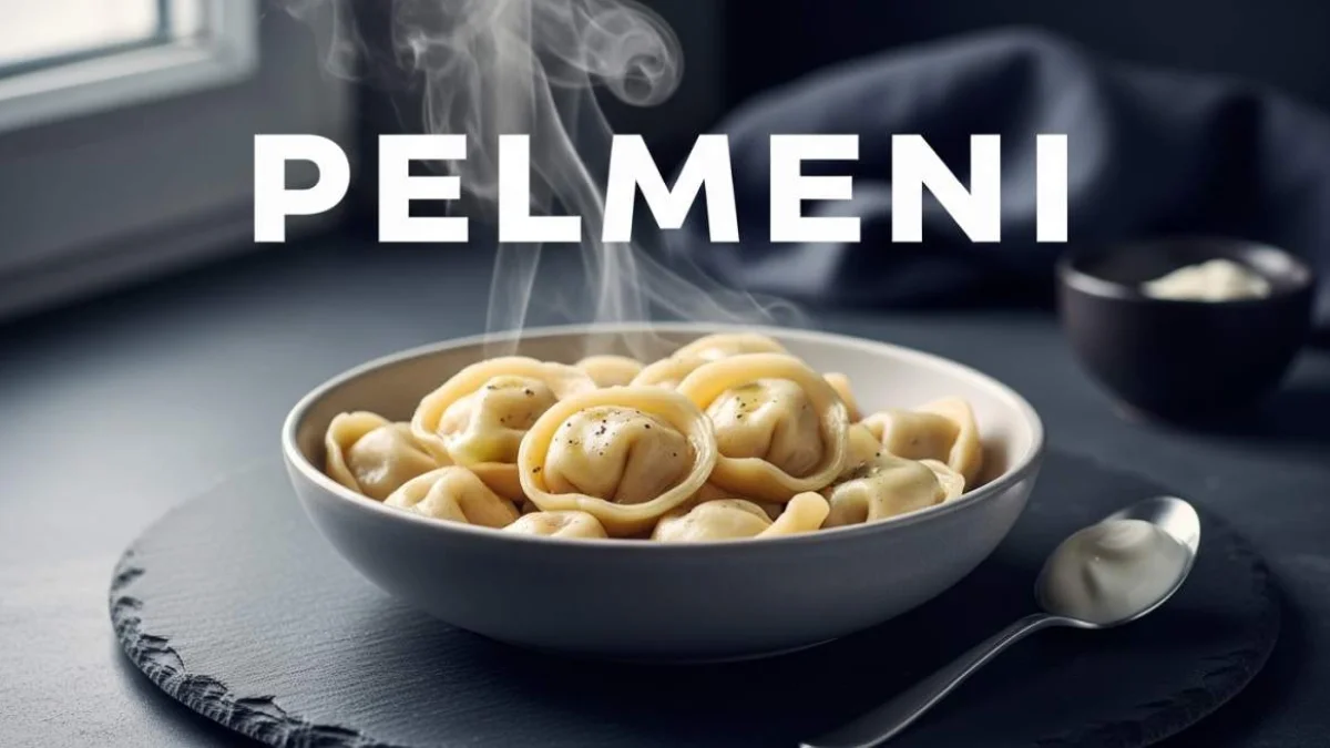 Pelmeni siberiani fumanti serviti con panna acida in una ciotola moderna