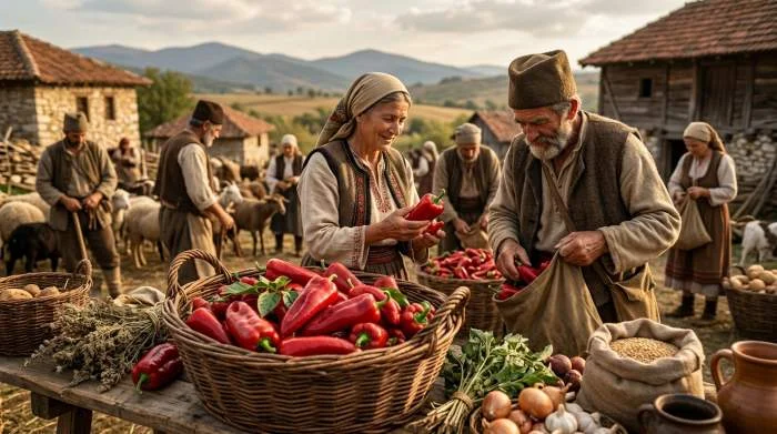 Peperoni rossi balcanici coltivati nei campi per la produzione artigianale di ajvar