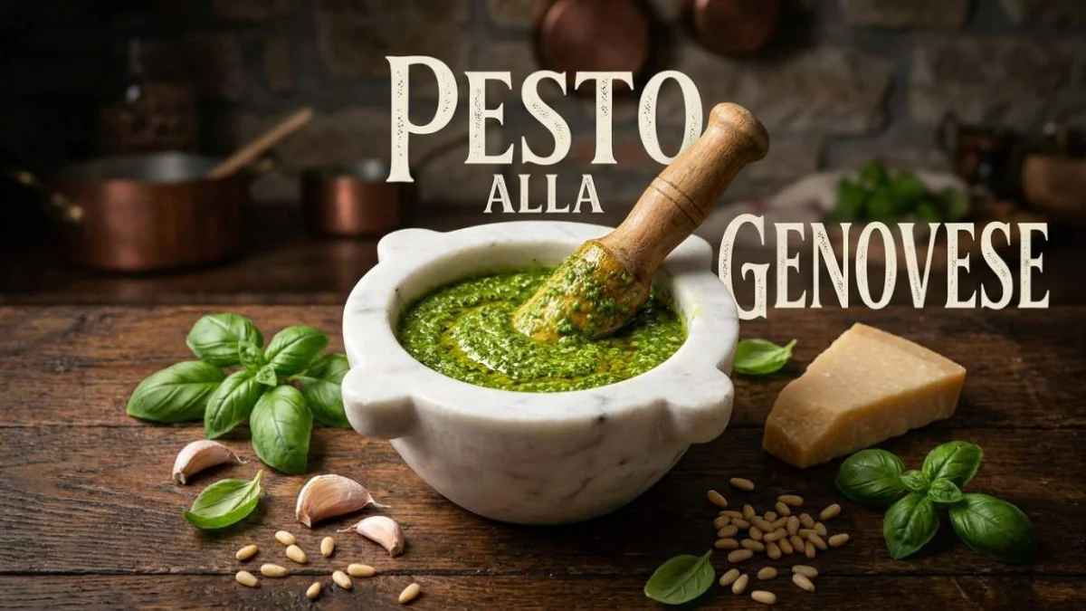 Pesto alla genovese fresco con basilico ligure e consistenza cremosa tradizionale