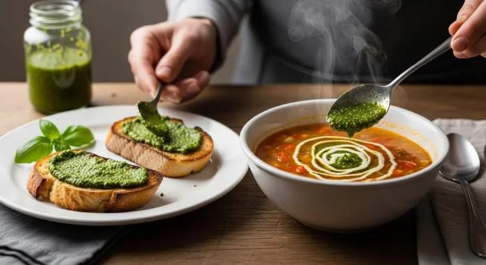 Pesto alla genovese servito con bruschetta e minestrone tradizionale