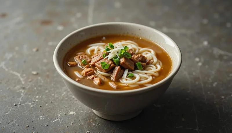 Ciotola di pho con brodo, noodles, fette di manzo e germogli di soia