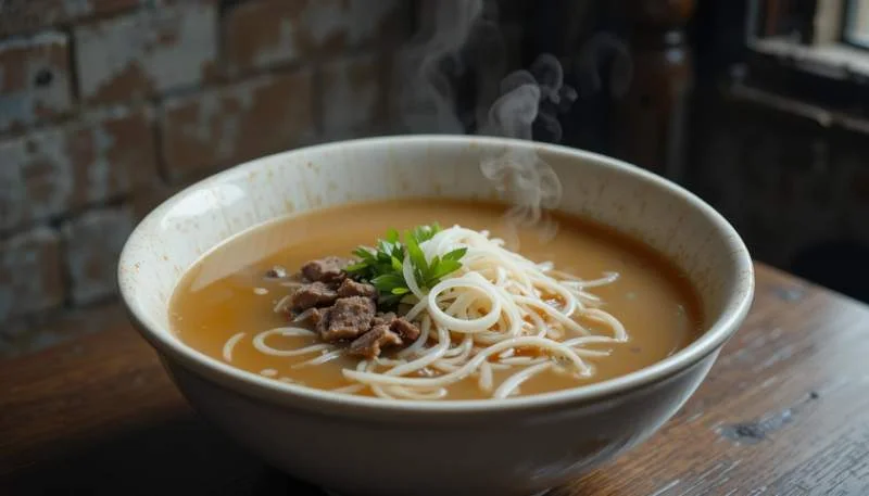 Pho del nord Vietnam con brodo chiaro e presentazione sobria in stile Hanoi