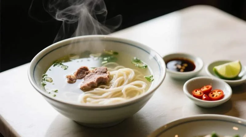 Pho tradizionale servito con condimenti laterali usati con moderazione