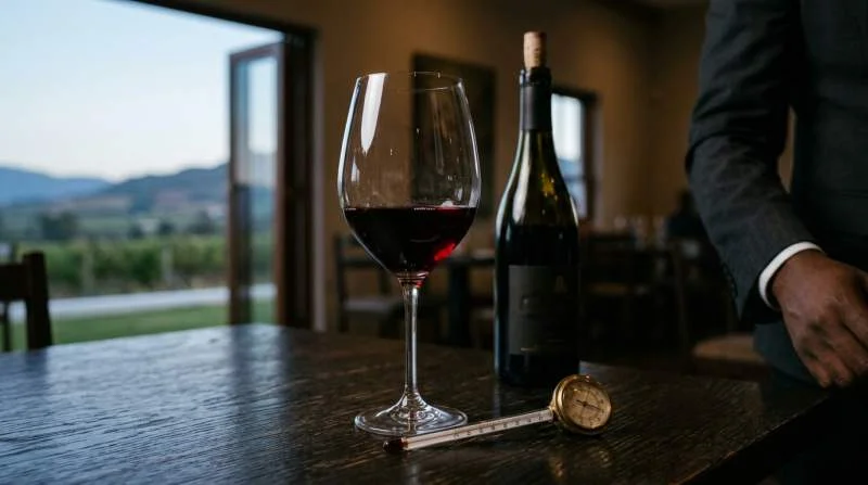 Calice di Pinotage servito a circa 17°C, temperatura ideale per esaltarne tannini e aromi