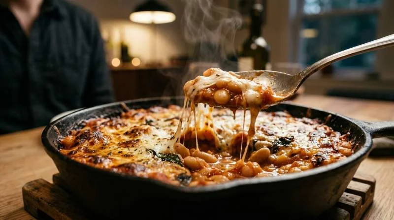 Fagioli cannellini cremosi al pomodoro con mozzarella filante nella pizza beans