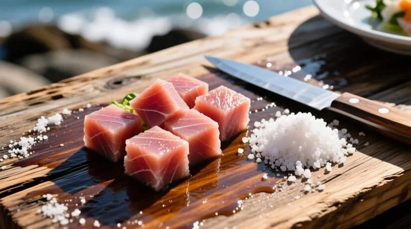 Poke hawaiano con tonno crudo servito come cibo da lavoro su superficie rustica