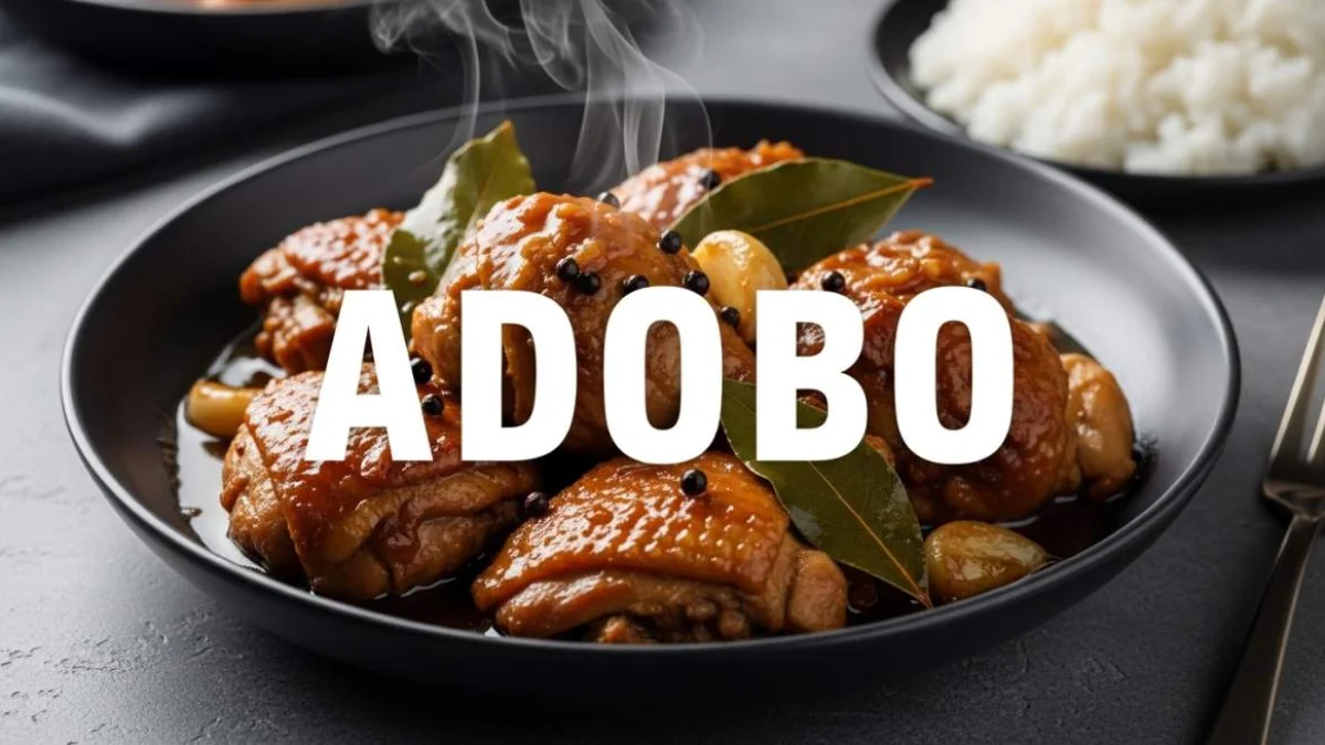 Pollo adobo filippino cotto in salsa scura con aglio e foglie di alloro