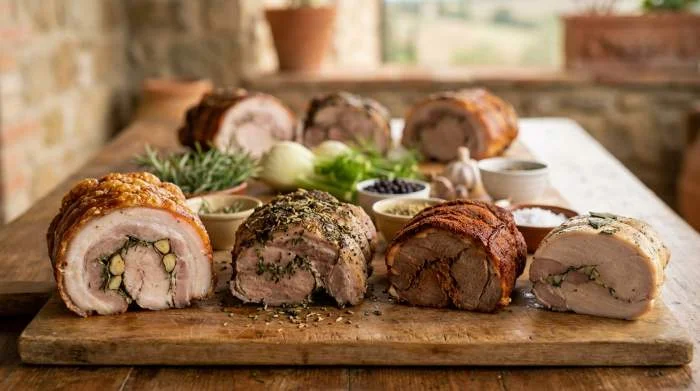 Varianti regionali della porchetta dell’Italia centrale con carne arrosto
