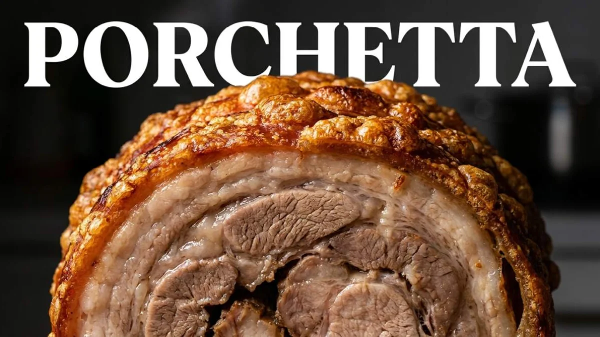 Panino italiano con porchetta e cotenna croccante servito come tradizionale street food